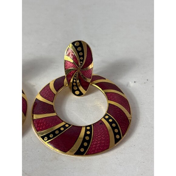Vintage Red Black Goldtone Enamel Hoop Earrings 2.25 inches - Picture 3 of 5